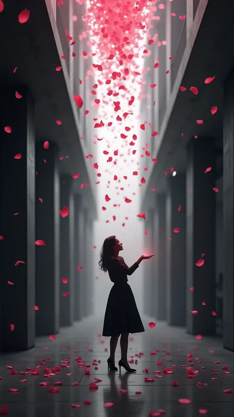 (Masterpiece, high quality, 4K, 8K, detail), rain of petals (pink or red) falling from the sky. Trying to put petals in palm of hand, petals start to glow, black and white world except petals, urban office area, photorealistic, original photo, CG-integrate...