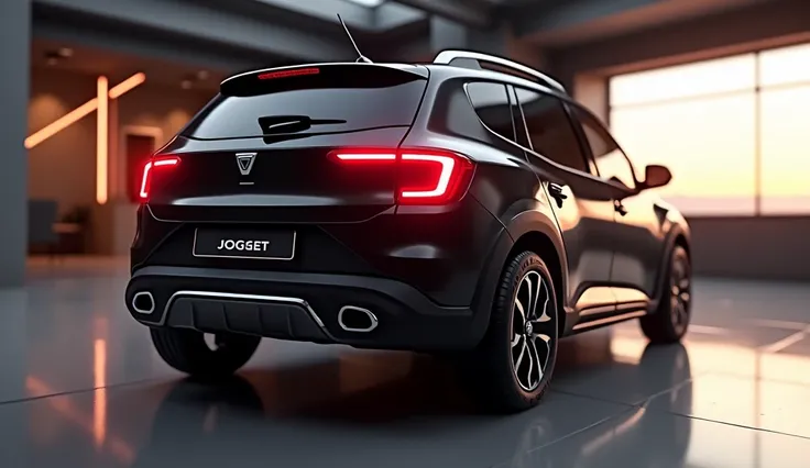 A 3D render of a hyper-realistic rear view of a vantablack Dacia Jogger in a modern indoor showroom. The car has sharp red LED taillights, a prominent Dacia badge on the trunk, and a black Jogger license plate. The rear bumper has an aggressive styling wit...