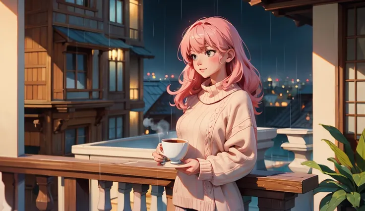 An anime-style scene of a woman standing on a cozy balcony on a rainy morning, holding a steaming cup of tea in both hands. She is dressed in a warm sweater, with her pink hair gently swaying in the breeze. The balcony is adorned with potted plants, and ra...