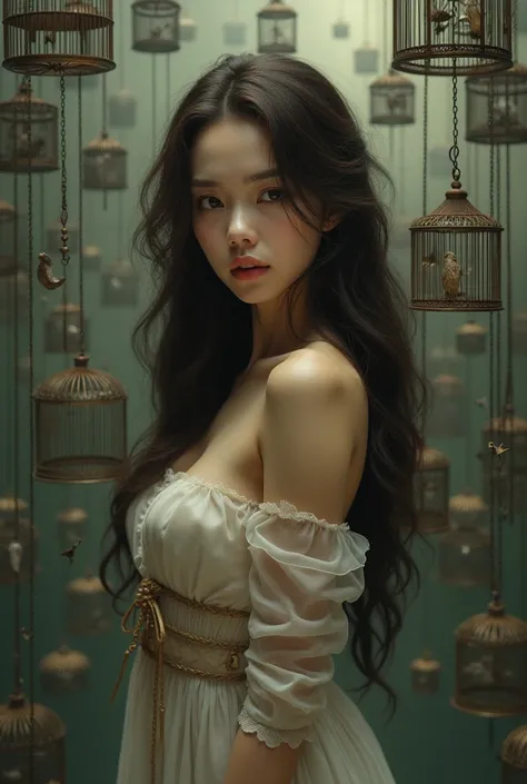 Japanese woman with long brown hair and big breasts surrounded by countless hanging birdcages