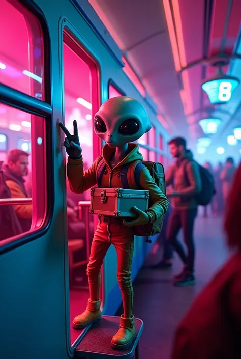  An alien boarding a stylized bus for rave parties , with vibrant colors and psychedelic decor  (without much pink )  and with people inside .  The alien is wearing a courier outfit ,  with a modern uniform and a delivery backpack .  He holds a mysterious ...