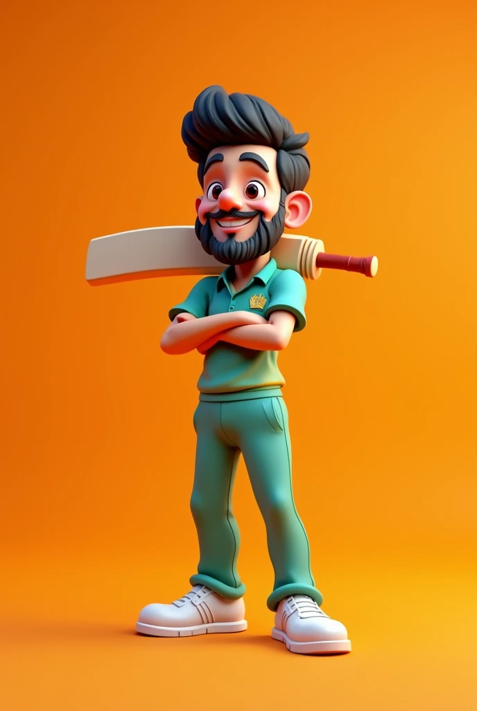 create a 3d cartoonish logo of  babar azam hangig bat on his  shoulder add orange color behind  