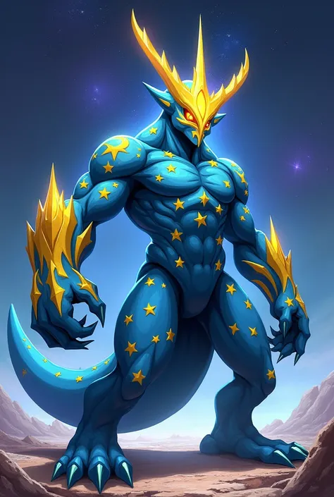 Personnage inspiré dun monstre galactique avec une entenne orné dune étoile sur cest entenne un corps bleu avec des étoiles jaune sur le corps des yeux jaunes des bras bleu gradué de jaune étoilé une queue bleu qui ressemble a celle du losange des jambes b...