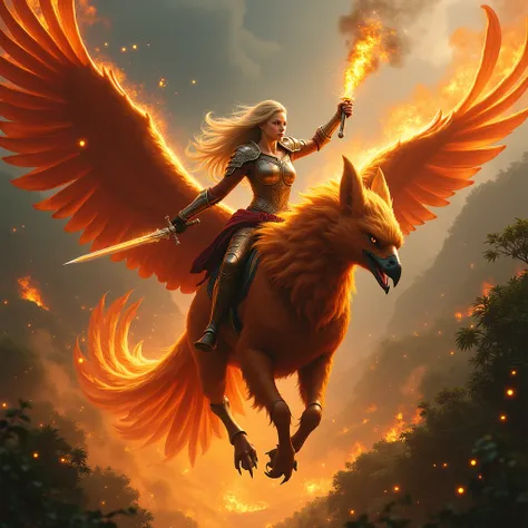 a very beautiful fair-haired woman with a burning sword in her hand as a knight on the back of a very large and very beautiful and lifelike phoenix flying over a jungle setting everything on fire around her as seen from the front and fireflies around her a...