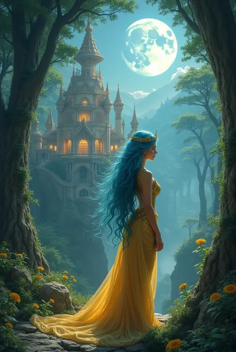 A kingdom in the of the forest, with a moon with different lights and a goddess witth long blue hair with hourglass body and a gold dress aroung sa kingdom, outside the kingdom, BEHIND THE KINGDOM