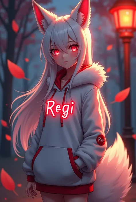 A fantasy anime-style character featuring a humanoid fox girl with white and red fur, vibrant glowing red eyes, and long flowing hair, standing confidently under a warm streetlight. The character wears a white hoodie with a fur collar, and glowing red acce...