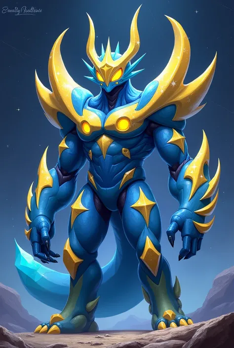 Personnage inspiré dun monstre galactique avec une entenne orné dune étoile sur cest entenne un corps bleu avec des étoiles jaune sur le corps des yeux jaunes des bras bleu gradué de jaune étoilé une queue bleu qui ressemble a celle du losange des jambes b...