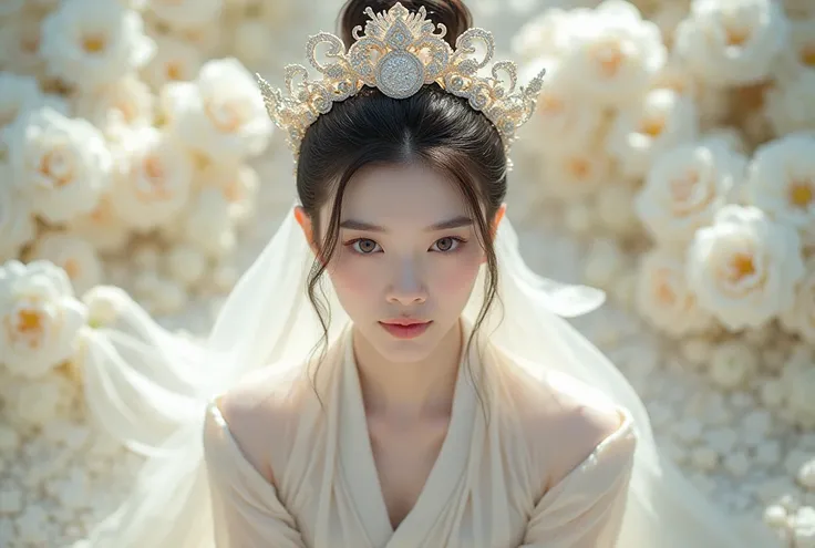 A girl koeran Extreme Wide Shot,aerial perspective,top-down view,grand scale,central subject,woman in hanfu bridal gown,hanfu petals are covered around,intricate crystal floral patterns,ethereal white Color flower sea backdrop,dreamlike ambiance,vibrant wh...