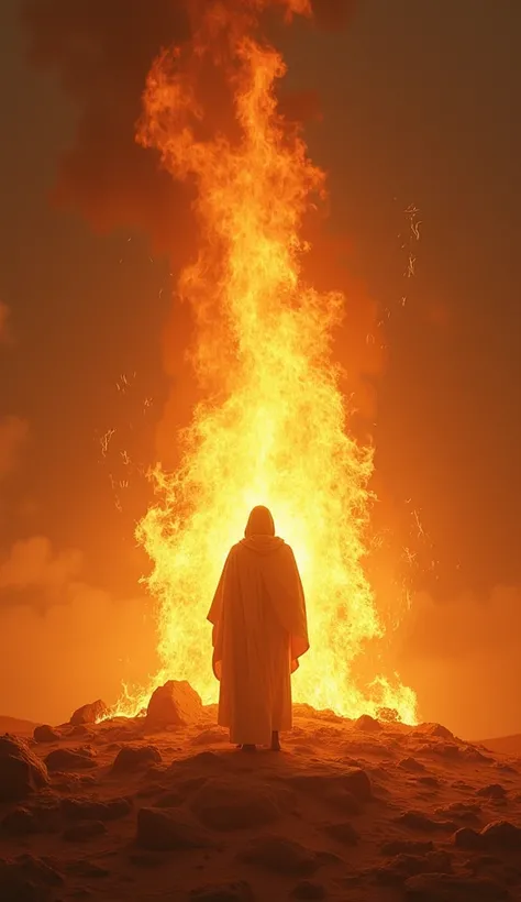  is standing in Moses reverent silence of a vast and desolate desert,  the gentle wind caressing the folds of his simple garments . In front of you, } the burning bush shines with an intense light ,  but mysteriously she is not consumed by the fire that su...