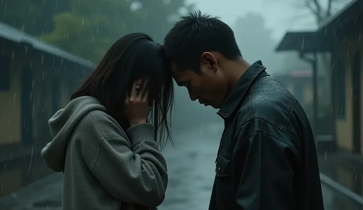 make a photo of a guy with a beautiful Indonesian girl aged 22 years sobbing and bowing her head, wearing a long sweater. wet atmosphere after the rain aesthetic