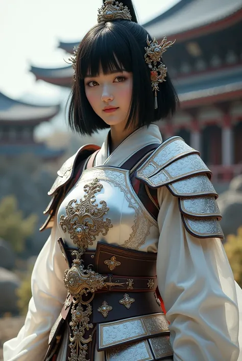 One beautiful Japanese woman,  A full-body goddess wearing intricate armor who rules white dragons 、Temple Background、（ photorealistic:1.4）、 perfect anatomy 、Glowing Skin、 black hair、 bob cut hair、 with straight eyebrows and bangs 、A nicely aligned necklin...