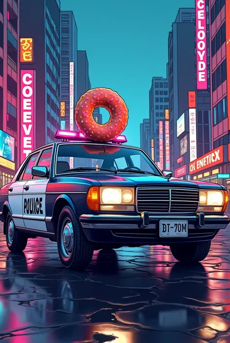 voiture de gendarme avec un donuts sur le toit dans un style manga