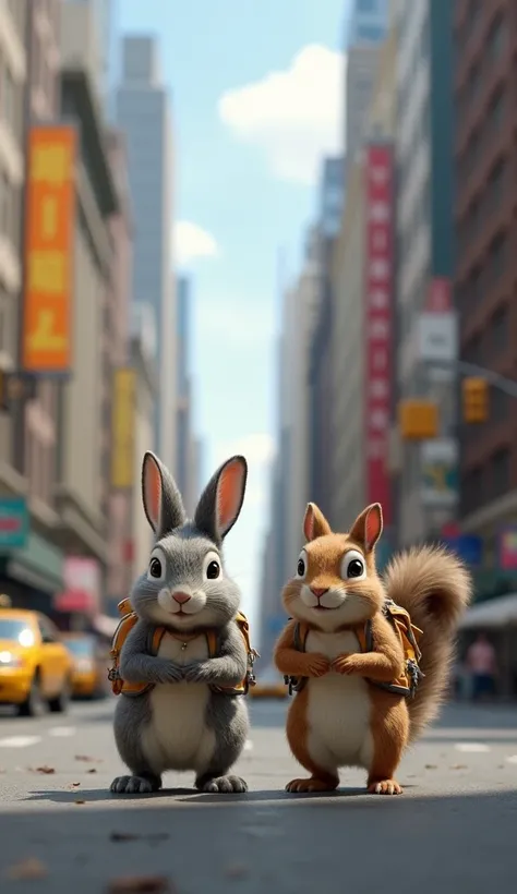 A gray rabbit and a brown squirrel with backpacks on their shoulders are walking carefully on the streets of New York.