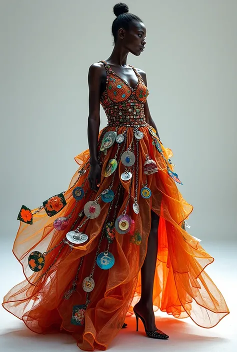 generate an image of a dress made from recycled materials with a lava-inspired color scheme. This will include elements like plastic bags, old clothes, bottle caps, recycled paper, fabric scraps, old CDs, metallic foil, and yarn.