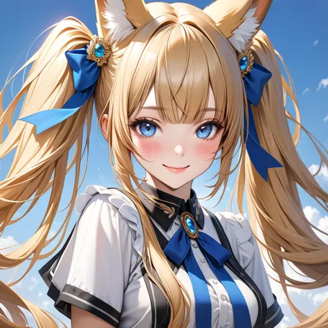 Ultra-realism1girl, Solo, High Resolution, Long Hair, Breasts, Looking at viewer, Blush, Smile, Bangs, Blue eyes, Blonde Hair, Hair Ornament, Ribbon, Twintails, Jewelry, Fox Ears, 