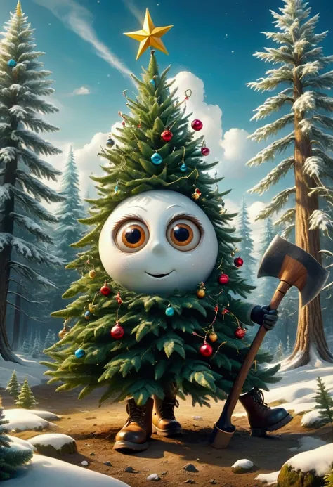  surrealism anthropomorphic elegant cute Christmas tree with two eyes runs from the fir forest in boots, holding an ax HDR humor 