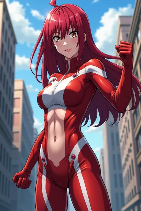 My Hero Academia Style , Anime girl, female, young female ,Full Body Shot,(fighting stance:1.3),Long hair, Red Hair,  Brown Eyes,Hero Suit, Full Body Suit, red suit with white details, perfect anatomy,  （Toughened Abs）,super detailed,(Buildings:1.2）