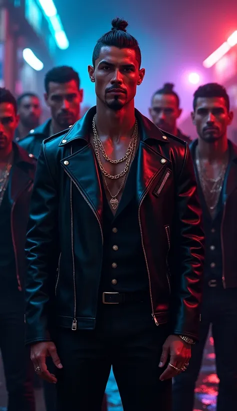 "A hyper-realistic image of a man resembling Cristiano Ronaldo styled as a charismatic gangster leader, standing confidently at the center of his gang. He is dressed in a tailored black leather jacket, wearing gold chains and rings, exuding power. His gang...