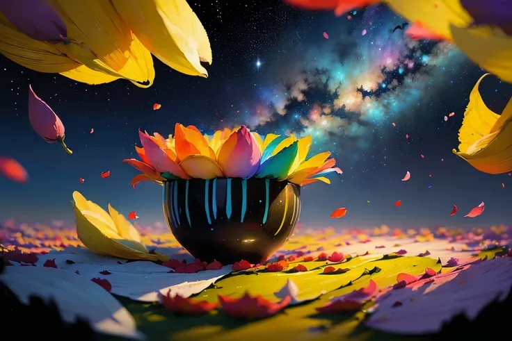 ((colorful petals:1.8)),(A fantastic fantasy scene of flower petals cascading down a night sky filled with stars, galaxies, and wispy clouds, dynamic dramatic angles, colorful lighting, wide-angle lenses )