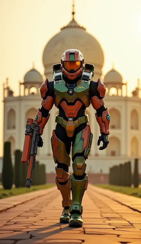 A Master Chief-inspired figure proudly walking in power armor styled with the Indian flags colors—saffron, white, and green—featuring intricate lotus and chakra designs glowing faintly. The suit is equipped with a glowing trident-shaped energy weapon in hi...