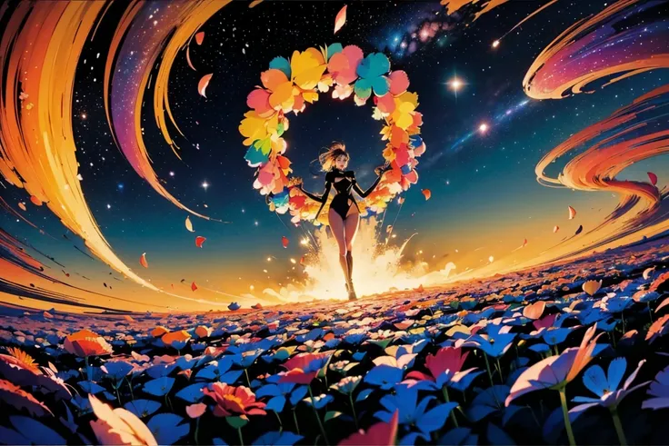 ((colorful petals:1.8)),(A fantastic fantasy scene of flower petals cascading down a night sky filled with stars, galaxies, and wispy clouds, dynamic dramatic angles, colorful lighting, wide-angle lenses )