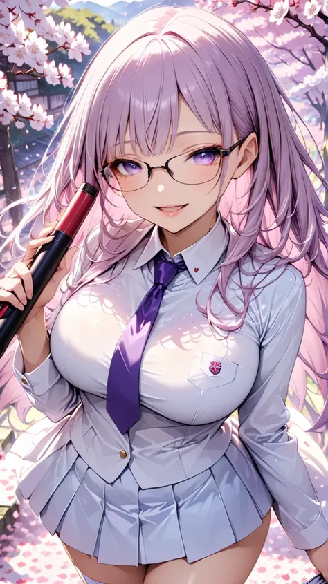 Cherry blossom petalsが舞っている光景, Young Beautiful Woman,( best quality, very detailed depiction, Incredibly Absurd High Resolution),(beautiful school uniform , high school uniform , high school uniform のスカート,Purple tie, High Socks,Shoes),(Purple Eyes, half cl...