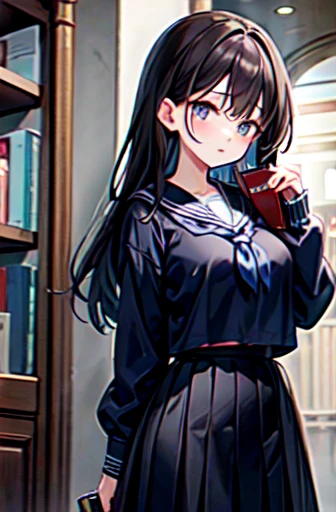   Dark Brown Hair Color， holding a book ， navy blue school top，Navy straight skirt ，Kind girl，8k，，beautiful、 black hair long hair, big breasts、