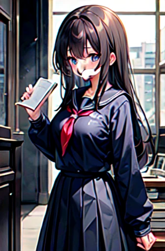   Dark Brown Hair Color， holding a book ， navy blue school top，Navy straight skirt ，Kind girl，8k，，beautiful、 black hair long hair, big breasts、