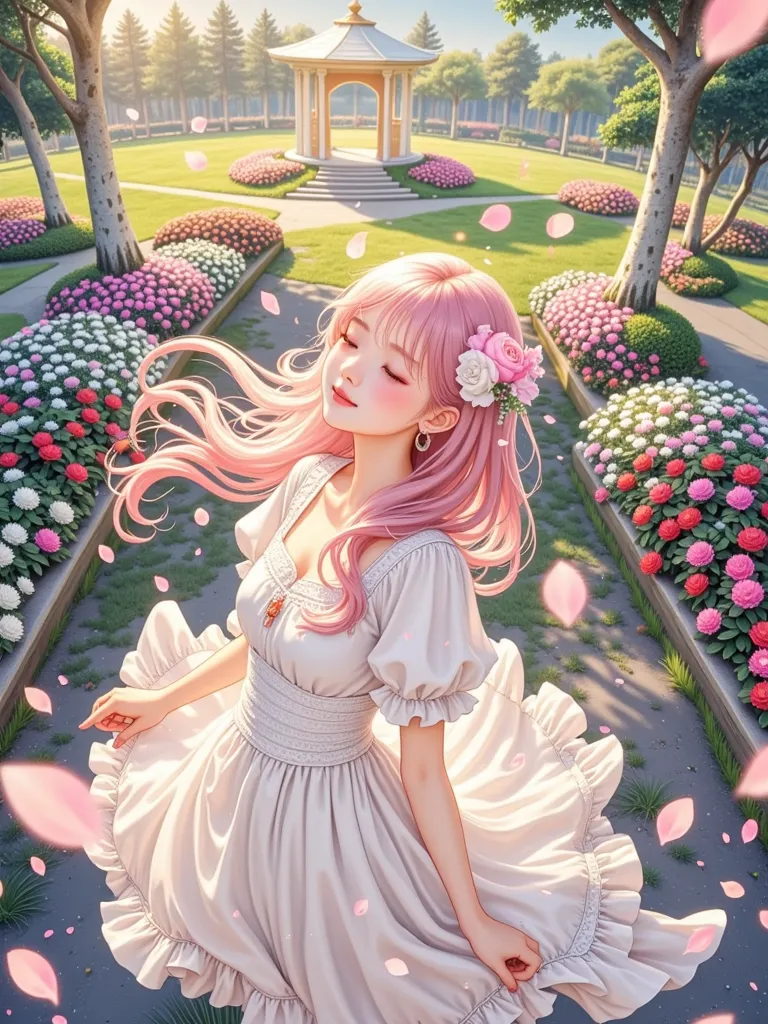 ((( Feeling the gentle touch of the petals falling on the face )))，((( with soft pink ))),  with occasional pink petals between the hair 、 white pear petals 、 the sun shines through the clouds ，Various shapes，Different sizes。In the rain of petals ， The col...