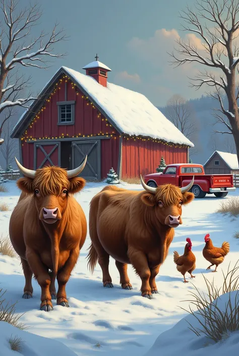 A realistic winter scene of a barn with highland cow and chickens enjoying the snow christmas lights and a red pickup truck, high Resolution, Best Quality, Detail, 