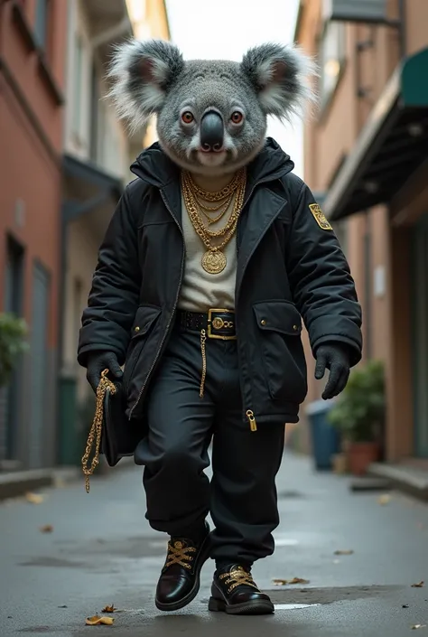  A full body photo, seen from below of a humanoid koala  , he has expressive muscles and wears a gangster outfit , is covered in expensive and elegant jewelry , he has a strict posture and a challenging look ,  Hes walking down a shady street  .