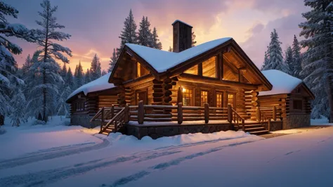 a cozy log cabin, a warm fireplace, glowing embers, flickering flames, wooden beams, rustic interior, winter landscape, snow-cov...