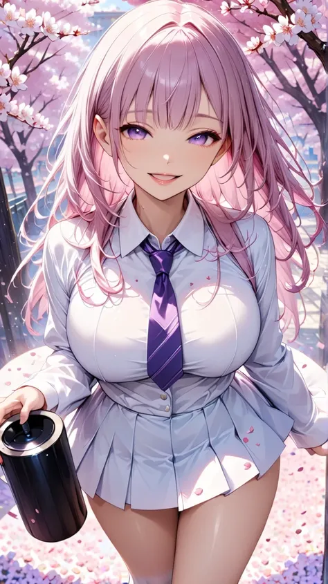  Rain of Petals ,Cherry blossom petalsが舞っている光景:1.3, Young Beautiful Woman,( best quality, very detailed depiction, Incredibly Absurd High Resolution),(beautiful school uniform , high school uniform , high school uniform のスカート,Purple tie, High Socks,Shoes),...