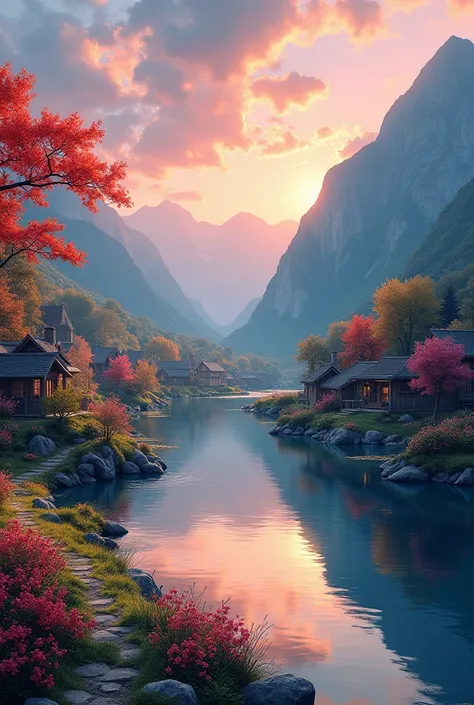  a small village by the river，Mountains in the background，Flowers in bloom，Bright colors， Detailed Scenery ，Beautiful natural landscape，Mood lighting，Scorching sunset，Warm colors，practical，practical摄影，Delicate leaves，Complex buildings， cobblestone streets ...