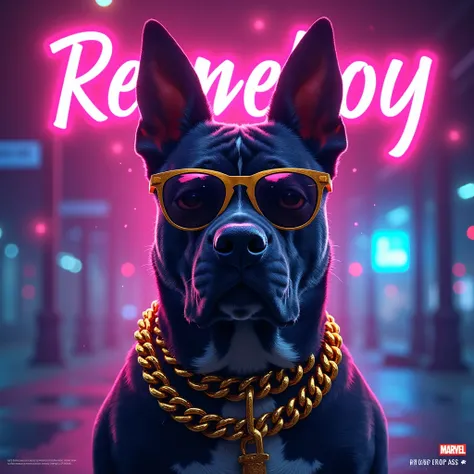 Create a modern and eye-catching cover for a reggaeton, trap and electro song titled in spanish “Mi Perro es Mejor Que Tú”. The image should convey strength and loyalty, with a bold, urban feel. In the center, it shows a dog (a pit bull or German shepherd)...