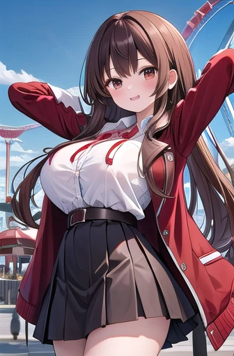   Masterpiece ,  best quality,  high definition ,  1 girl,  brown hair,  long hair, bangs,  Brown Eyes ,  Very Big Breasts 、  red ribbon , ,  black jacket,  open jacket ,  brown cardigan,  white shirt,   black skirt ,  Checked Skirt , smile,  open her mout...