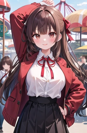   Masterpiece ,  best quality,  high definition ,  1 girl,  brown hair,  long hair, bangs,  Brown Eyes ,  Very Big Breasts 、  red ribbon , ,  black jacket,  open jacket ,  brown cardigan,  white shirt,   black skirt ,  Checked Skirt , smile,  open her mout...