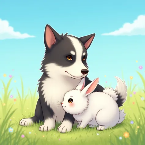 A cute, beautiful white bunny sitting peacefully on the lap of a male dog with a mix of white and black fur. The dog appears calm and gentle, sitting on a grassy green field under a bright blue sky. The bunny is fluffy and has soft, bright fur, with its la...