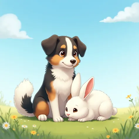 A cute, beautiful white bunny sitting peacefully on the lap of a male dog with a mix of white and black fur. The dog appears calm and gentle, sitting on a grassy green field under a bright blue sky. The bunny is fluffy and has soft, bright fur, with its la...