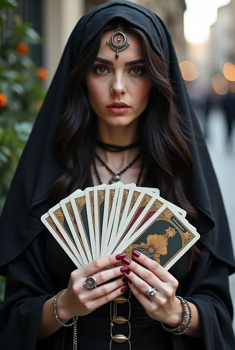 Woman of 35 years, white skinned,  with a thin face with Italian features ,  mystical clothes and accessories ,  but ,  mixed with urban social style , long wavy dark hair loose ,  brown eyes , slightly large nose,  the character is an astrologer and tarol...