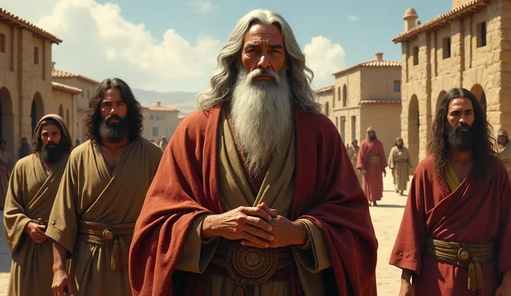 Image showing a gray-haired man with a beard and long hair, wearing characteristic biblical clothing, surrounded by his descendants; a village from biblical times in the background;