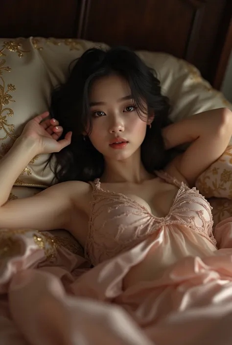 , beautiful asian woman, 20 yo , shady gaze ,  voluptuous pose ,  she is lying on a silk quilted mattress