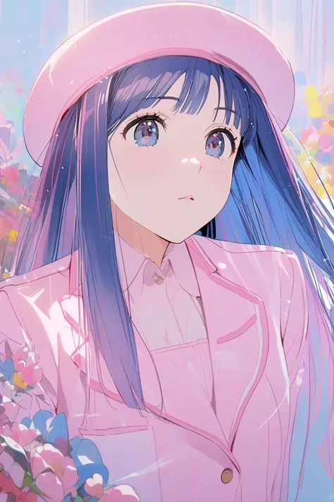 girl, blue straight hair ,  wearing a womens pink suit,  with a pink beret on the head  