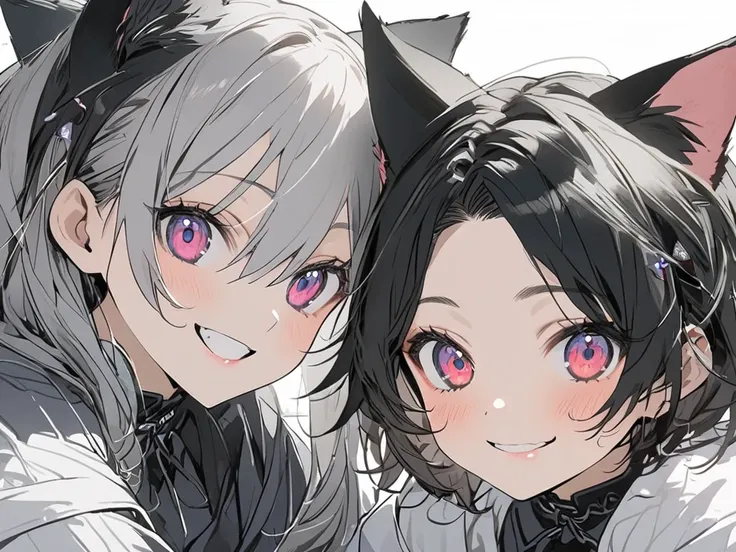  2 girls、long hair vs short hair、 smiles, Cat ears,  black hair, Grey Hair, 