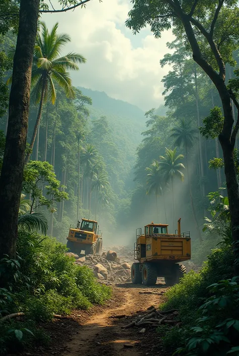 A poster of The trees in the Amazon rainforest being destroyed and by humans Machines 