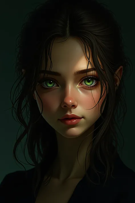 A captivating portrait of a young woman with tousled hair and striking green eyes, illuminated by a warm glow, exuding an aura of mystery and allure against a dark background.