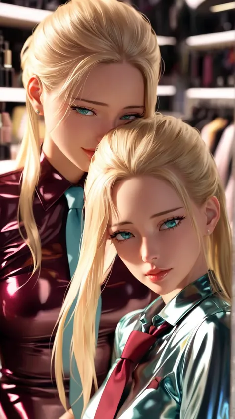 2 girls,  masterpiece, Lens reflection, Reflected light, Buttoned in extremely tight shiny burgundy metallic blouse,  high resolution , portrait, Are in the clothes store and buy a ,  Make-up, Necktie,langes Haar,  blonde hair, Aqua Eyes, Chin lift, 