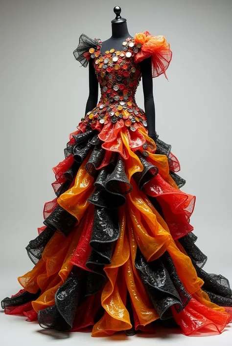 generate an image of a voluminous ruffles gown made from recycled materials with a lava-inspired color scheme. This will include elements like plastic bags, old clothes, bottle caps, recycled paper, fabric scraps, old CDs, metallic foil, and yarn.Plastic B...