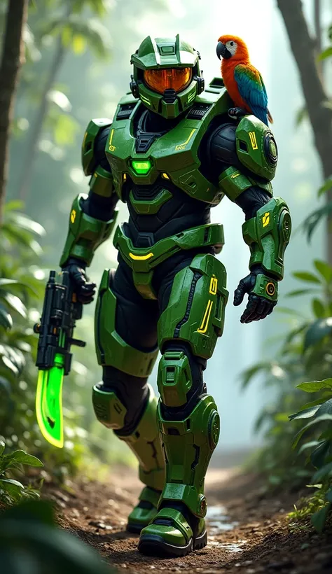 A vibrant Master Chief design with rainforest-themed power armor featuring glowing green and yellow tribal patterns. His gear includes a machete-shaped plasma weapon, a drone shaped like a macaw perched on his shoulder, and a wrist-mounted dart launcher. H...