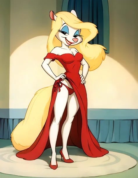 masterpiece,best quality, highly detailed, score_9, score_8_up, score_7_up, score_6_up,BREAK minerva mink, 1girl, white fur blonde hair, fluffy blonde tail, solo, black eyes, long hair, wearing a glittery red dress with a side cut, dress lift, panties show...